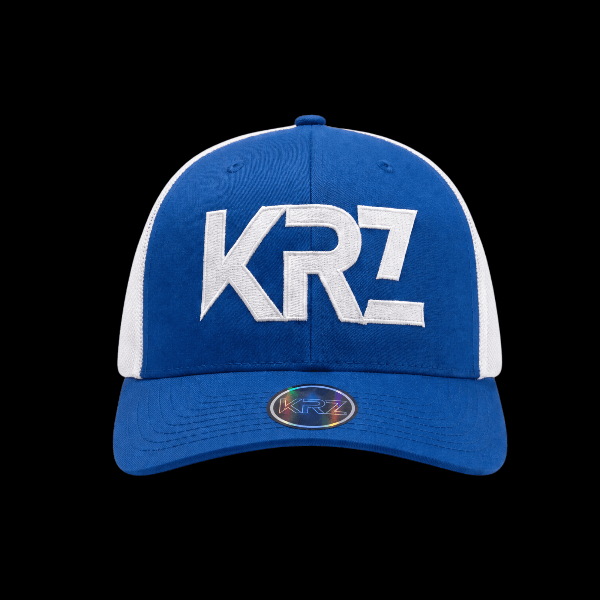 KRZ Blue Edition Trucker Cap with embroidered KRZ logo and holographic peak sticker