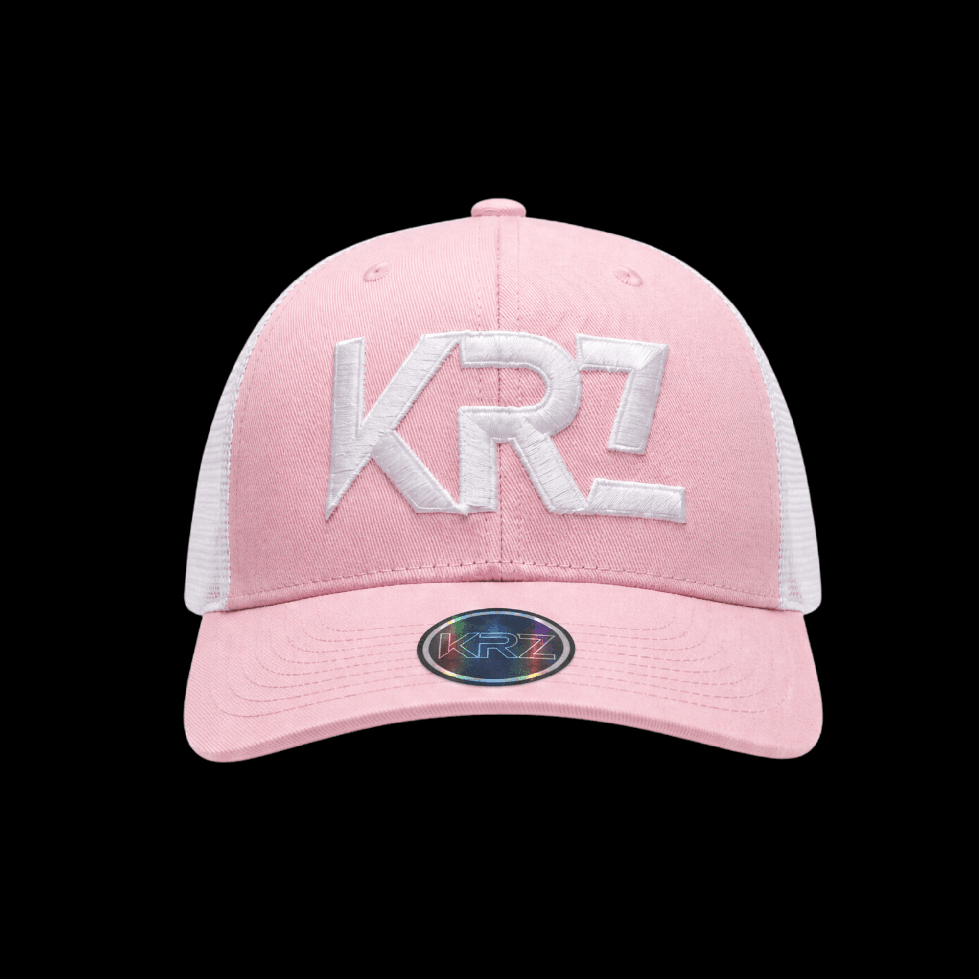 KRZ Pink and White Trucker Cap with embroidered white KRZ logo and holographic peak sticker