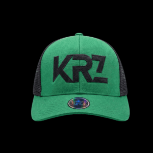 KRZ Green and Black Trucker Cap with black embroidered KRZ logo and holographic peak sticker
