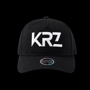 KRZ black trucker cap with raised white embroidered logo and premium streetwear design