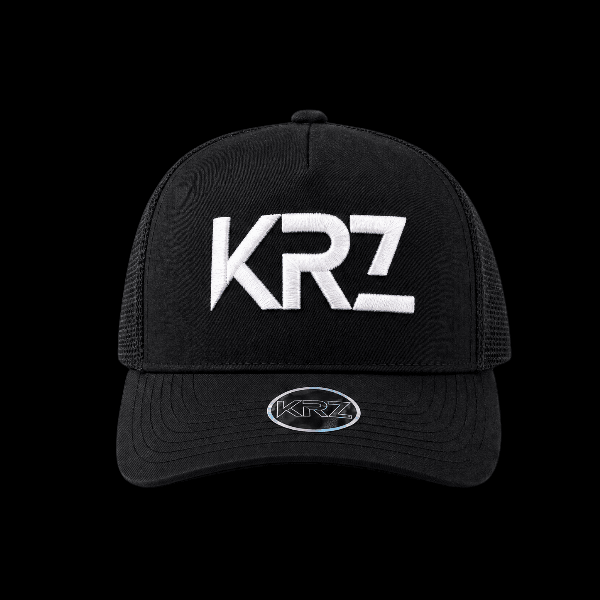 KRZ black trucker cap with raised white embroidered logo and premium streetwear design
