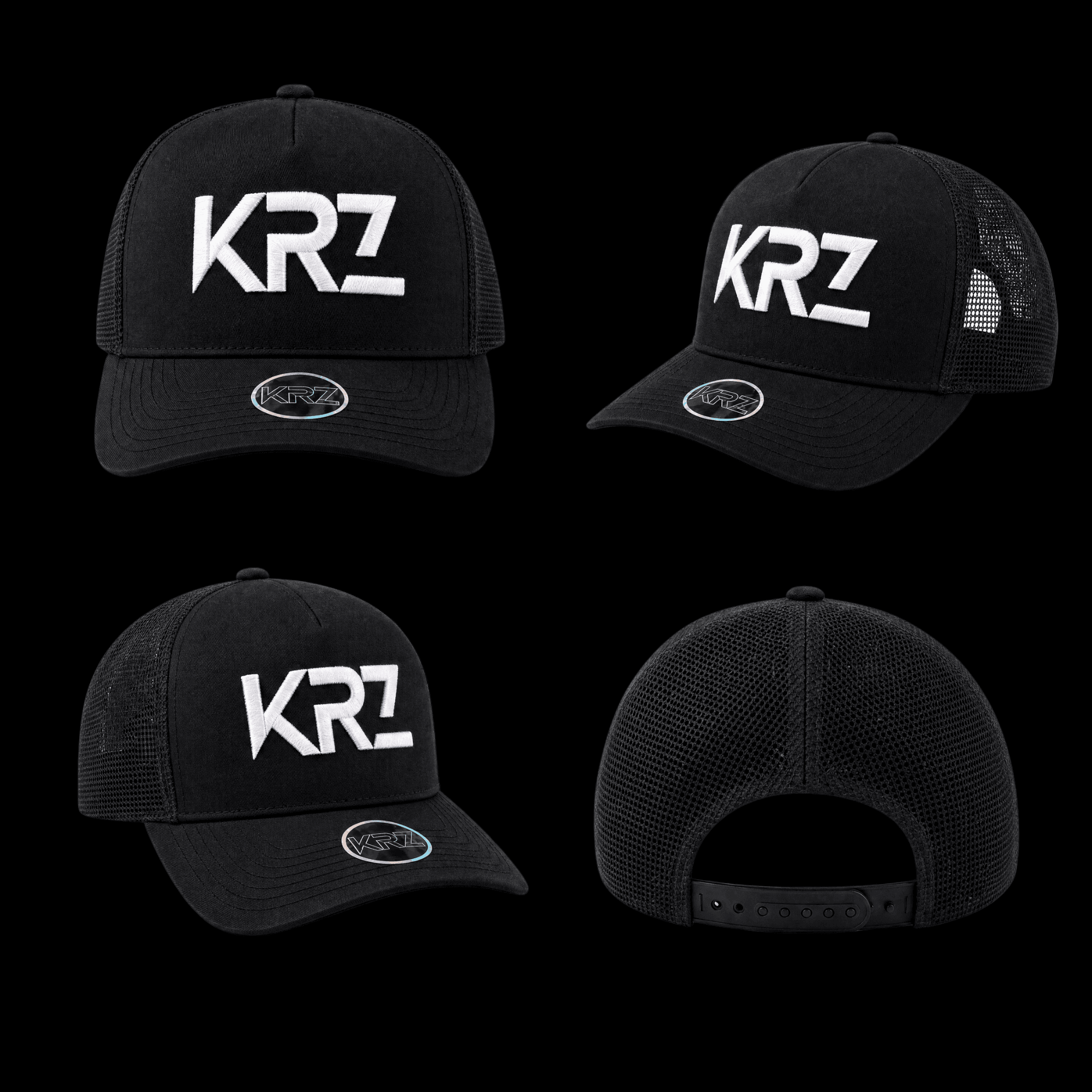 KRZ black trucker cap with raised white embroidered logo and premium streetwear design