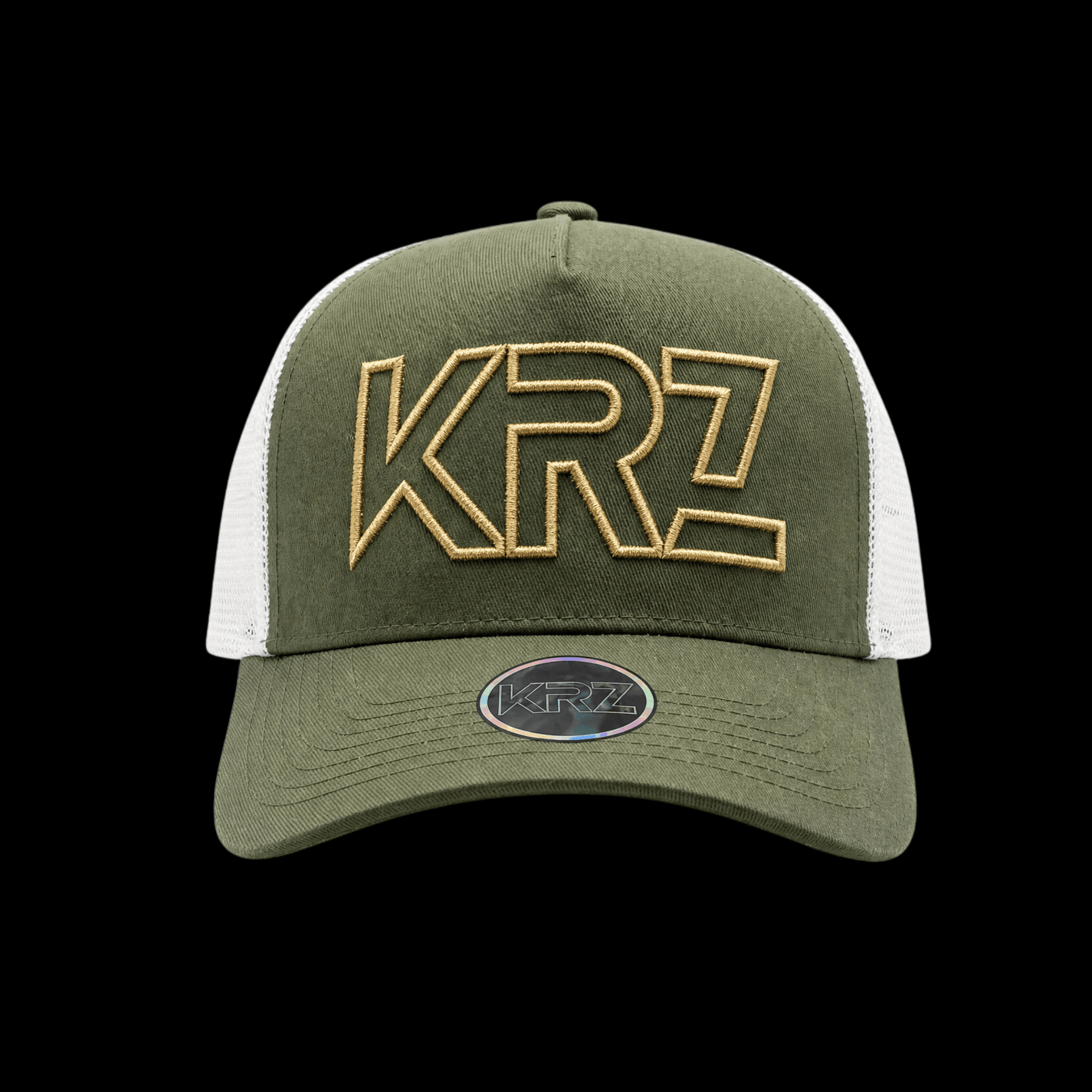 KRZ Olive Green and White Trucker Cap with embroidered logo