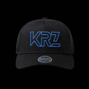 KRZ black trucker cap with blue embroidered outline logo and black mesh panels