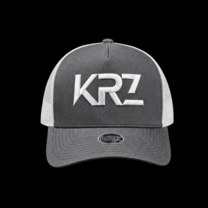 KRZ Grey and White Trucker Cap with raised white embroidered logo and holographic brim sticker