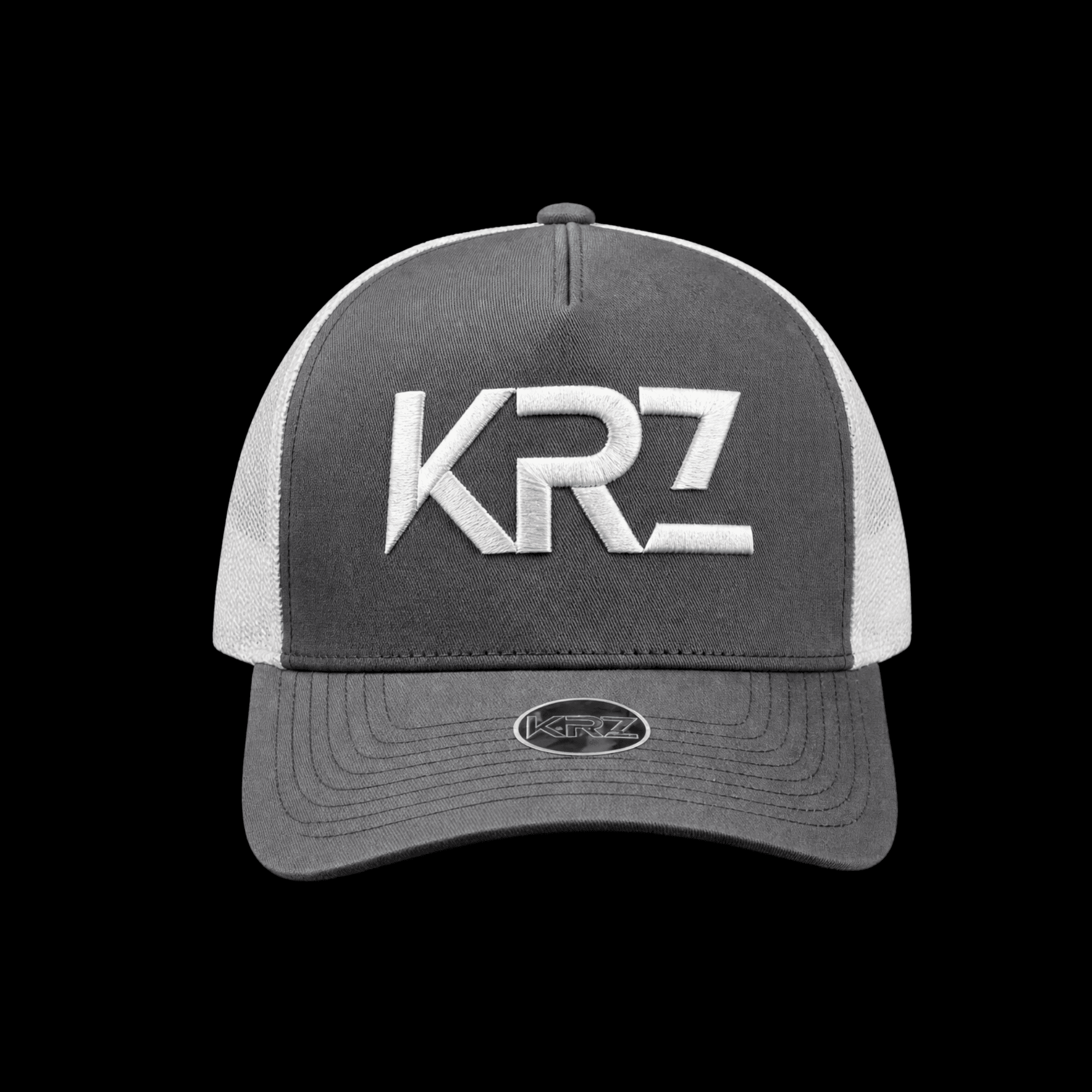 KRZ Grey and White Trucker Cap with raised white embroidered logo and holographic brim sticker
