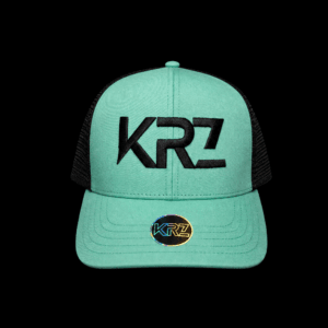 KRZ Limited Edition Teal and Black Trucker Cap with raised black embroidered logo and holographic visor sticker