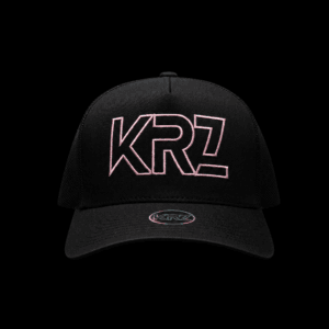 KRZ Black and Pink Trucker Cap featuring embroidered pink KRZ logo, black mesh panels and holographic brim sticker