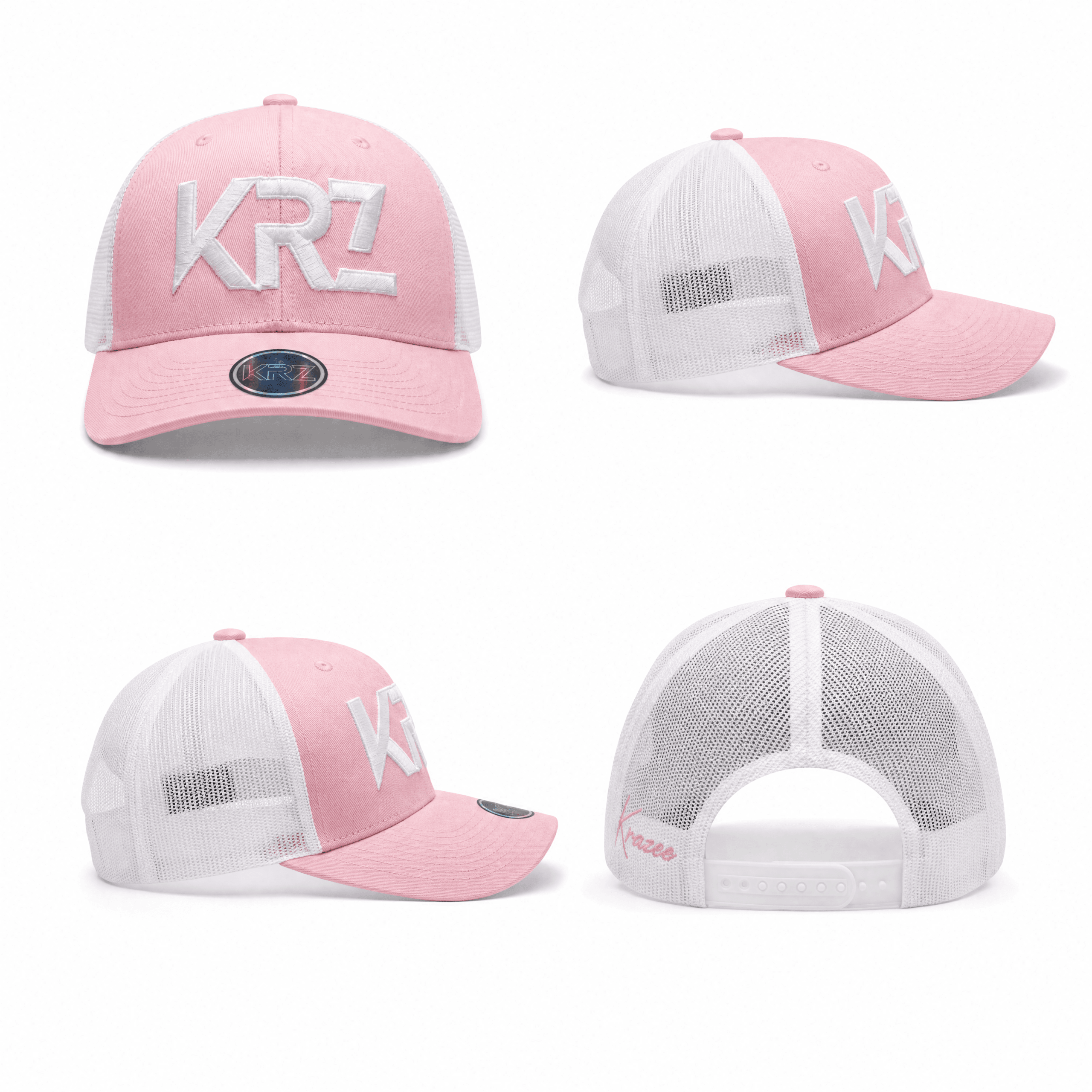 KRZ Pink and White Trucker Cap with embroidered white KRZ logo and holographic peak sticker