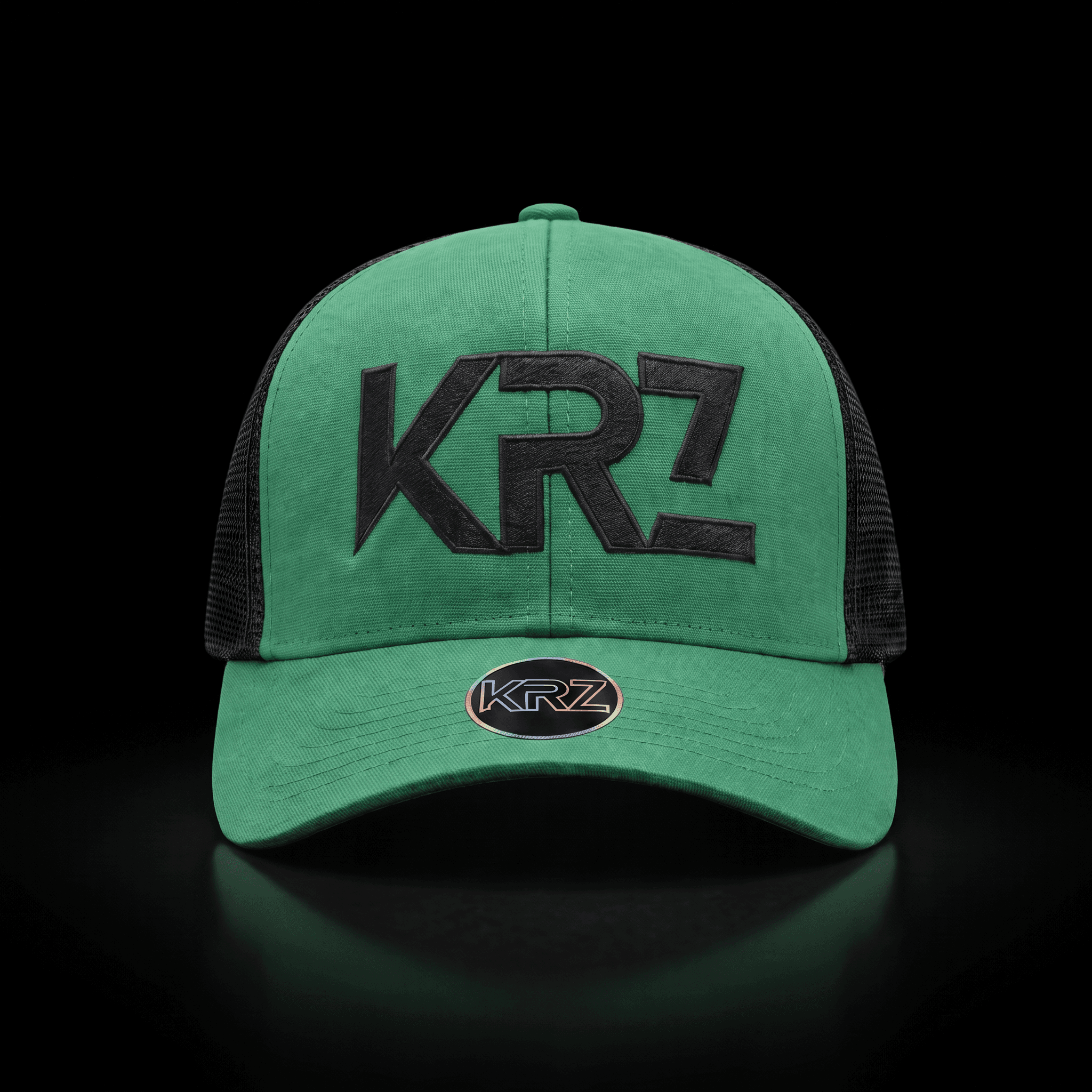 KRZ Green & Black Trucker Cap with black embroidered KRZ logo