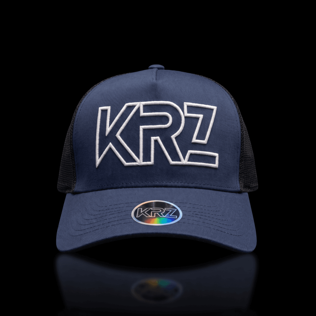 KRZ Navy Blue Trucker Cap with white outline embroidered KRZ logo
