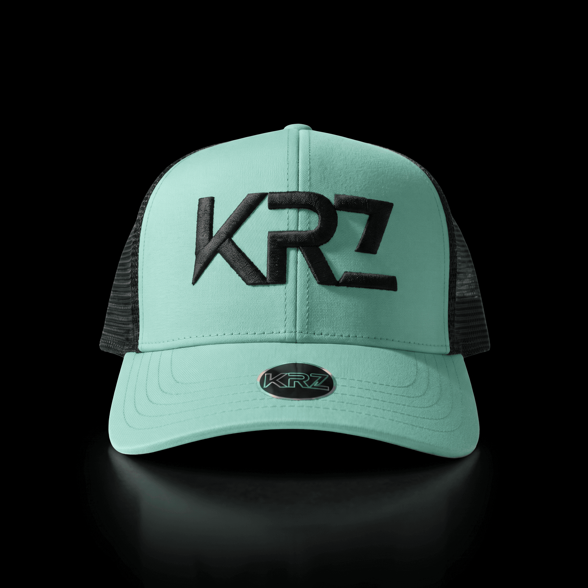KRZ Green & Black Trucker Cap featuring a structured green front, matching green mesh back, curved green peak and premium black embroidered KRZ logo. Finished with the signature KRZ brim badge and presented as part of the KRZ Official premium streetwear collection.