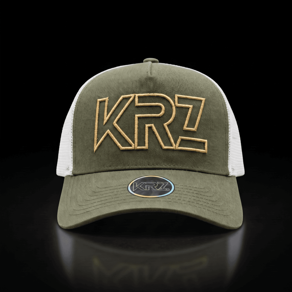 KRZ Olive Green & Gold Trucker Cap with gold embroidered KRZ logo