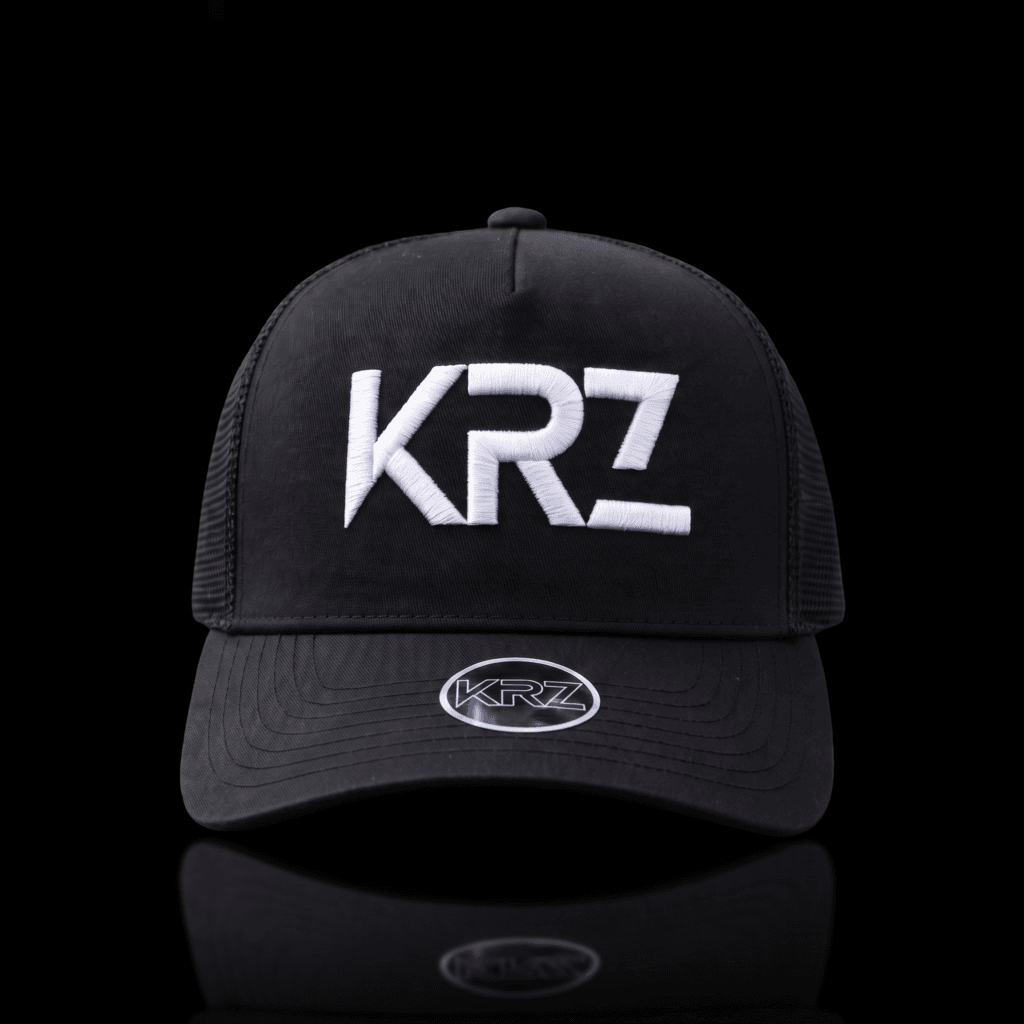KRZ Black & White Trucker Cap with white embroidered KRZ logo