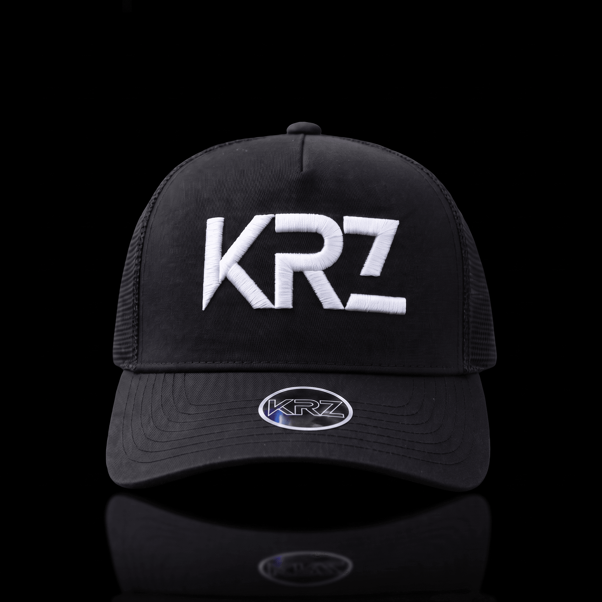 KRZ Black & White Trucker Cap with white embroidered KRZ logo