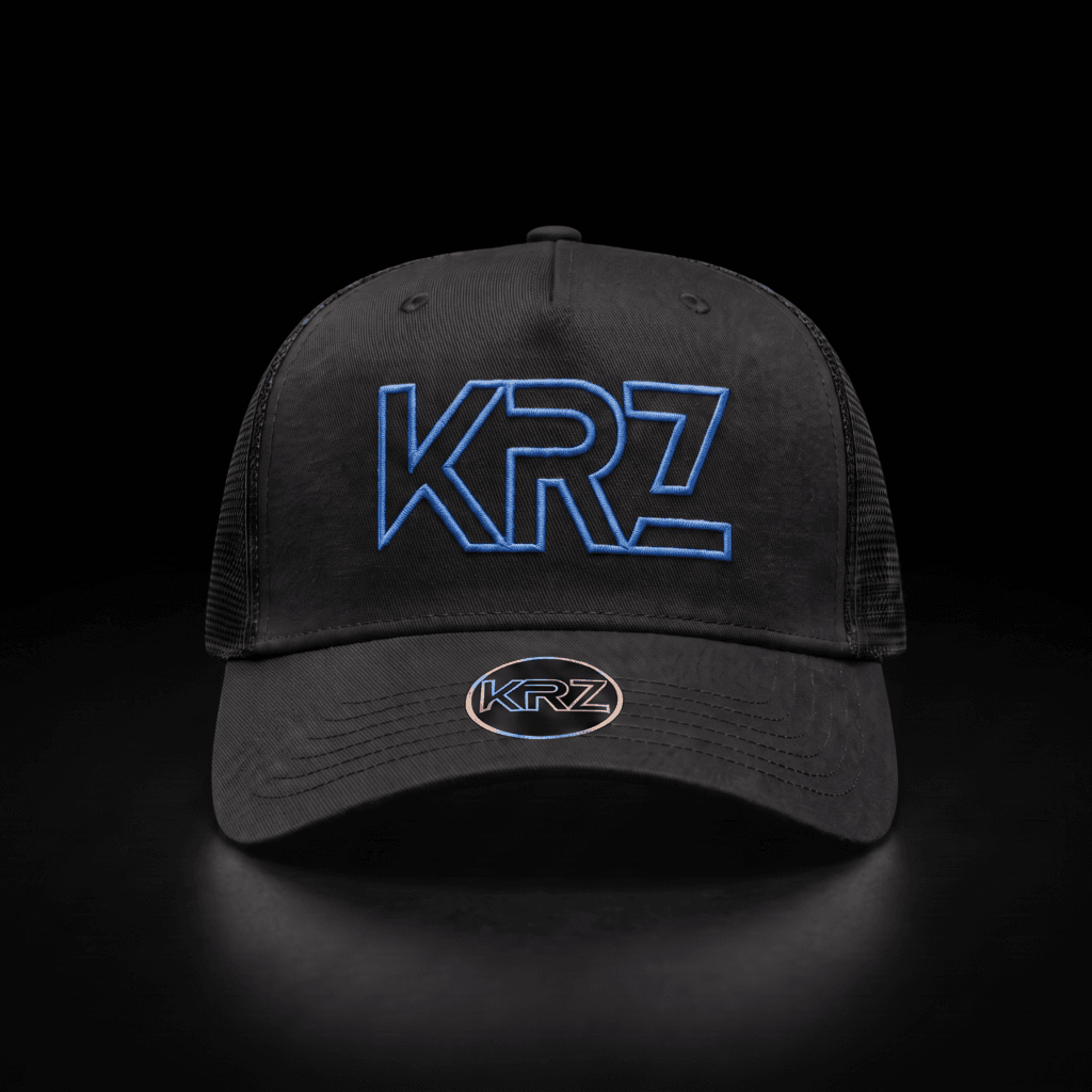 KRZ Olive Green & Gold Trucker Cap featuring a structured olive green front, matching olive green mesh back, curved olive green peak and premium gold embroidered KRZ logo. Finished with the signature KRZ brim badge and presented as part of the KRZ Official premium streetwear collection.