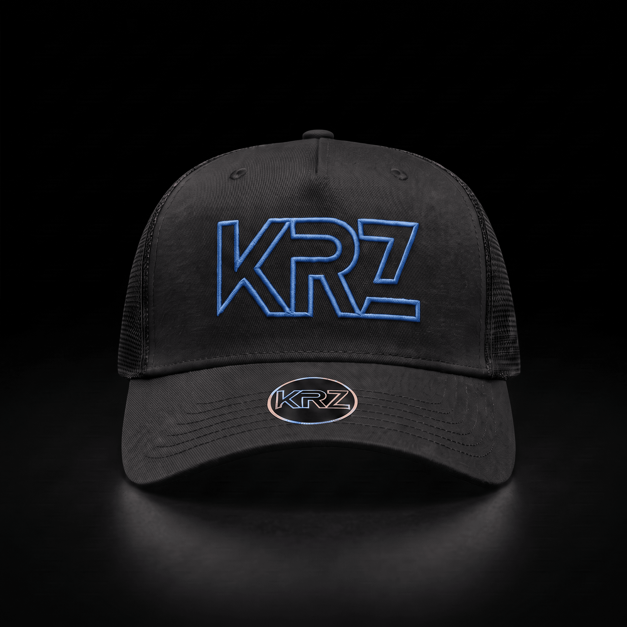 KRZ Olive Green & Gold Trucker Cap featuring a structured olive green front, matching olive green mesh back, curved olive green peak and premium gold embroidered KRZ logo. Finished with the signature KRZ brim badge and presented as part of the KRZ Official premium streetwear collection.