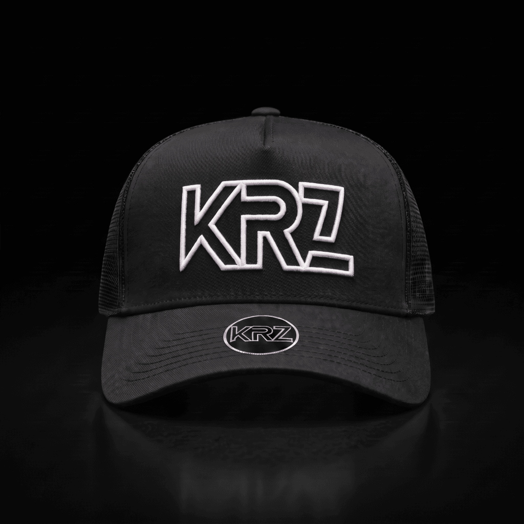 KRZ Black Trucker Cap with silver outline embroidered KRZ logo