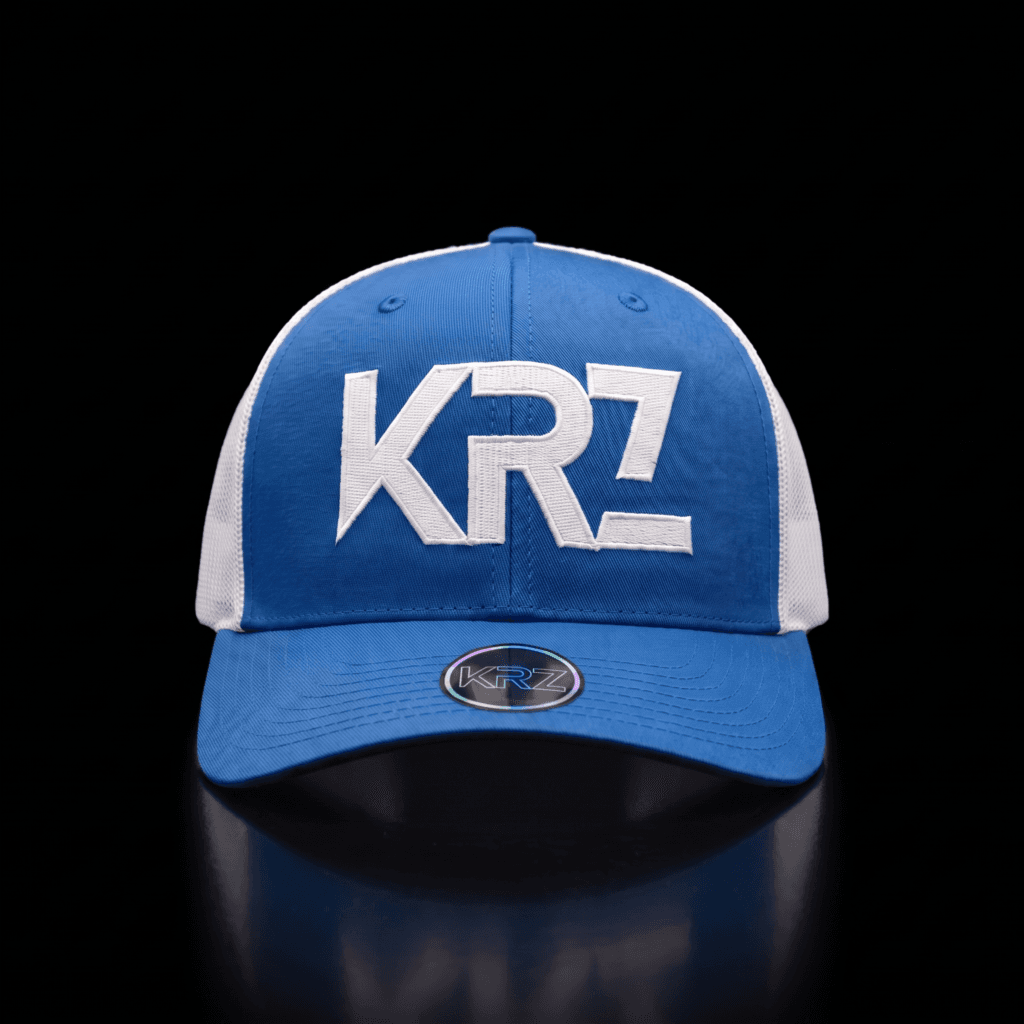 KRZ Blue & White Trucker Cap with white embroidered KRZ logo