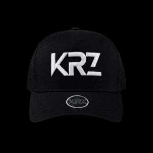 Black KRZ trucker cap featuring raised white embroidered KRZ logo and premium mesh panels