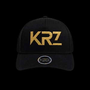 Black KRZ trucker cap with gold embroidered logo and black mesh panels