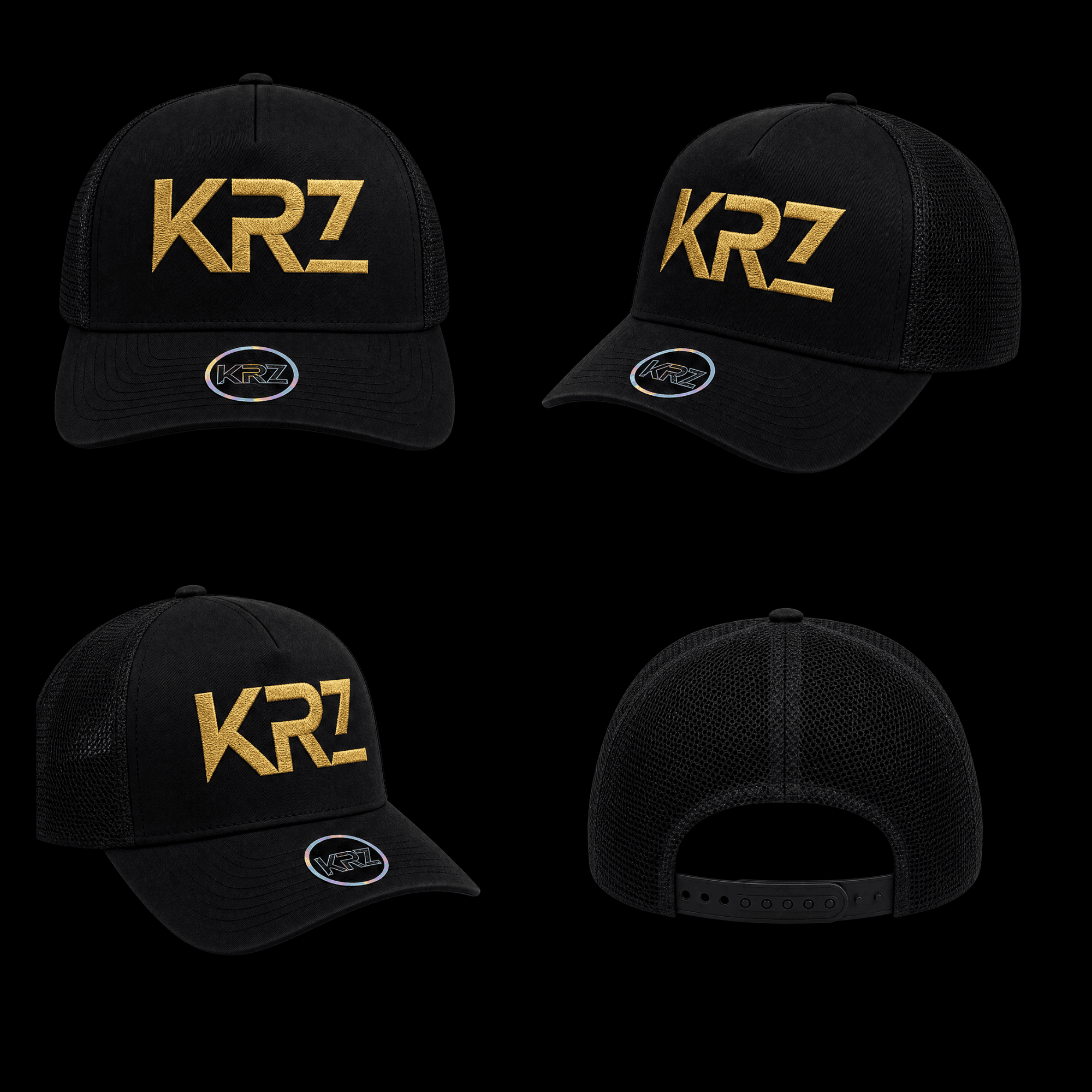Black KRZ trucker cap with gold embroidered logo and black mesh panels