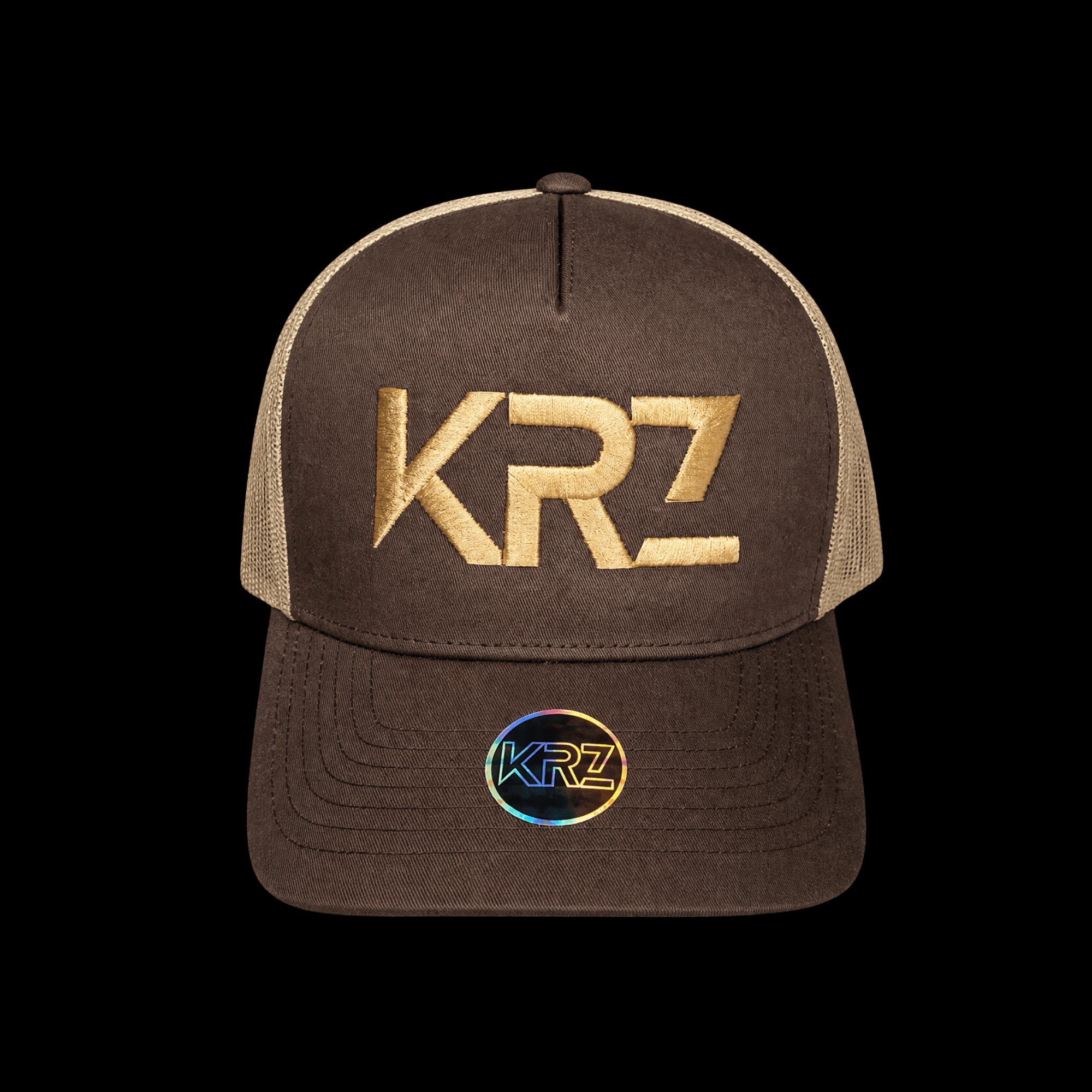 KRZ Brown and Gold Trucker Cap with premium gold embroidered logo and holographic brim sticker