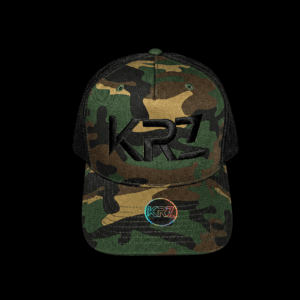KRZ Limited Edition Camo Trucker Cap with camouflage front panel, black mesh back, raised black logo embroidery and holographic peak sticker