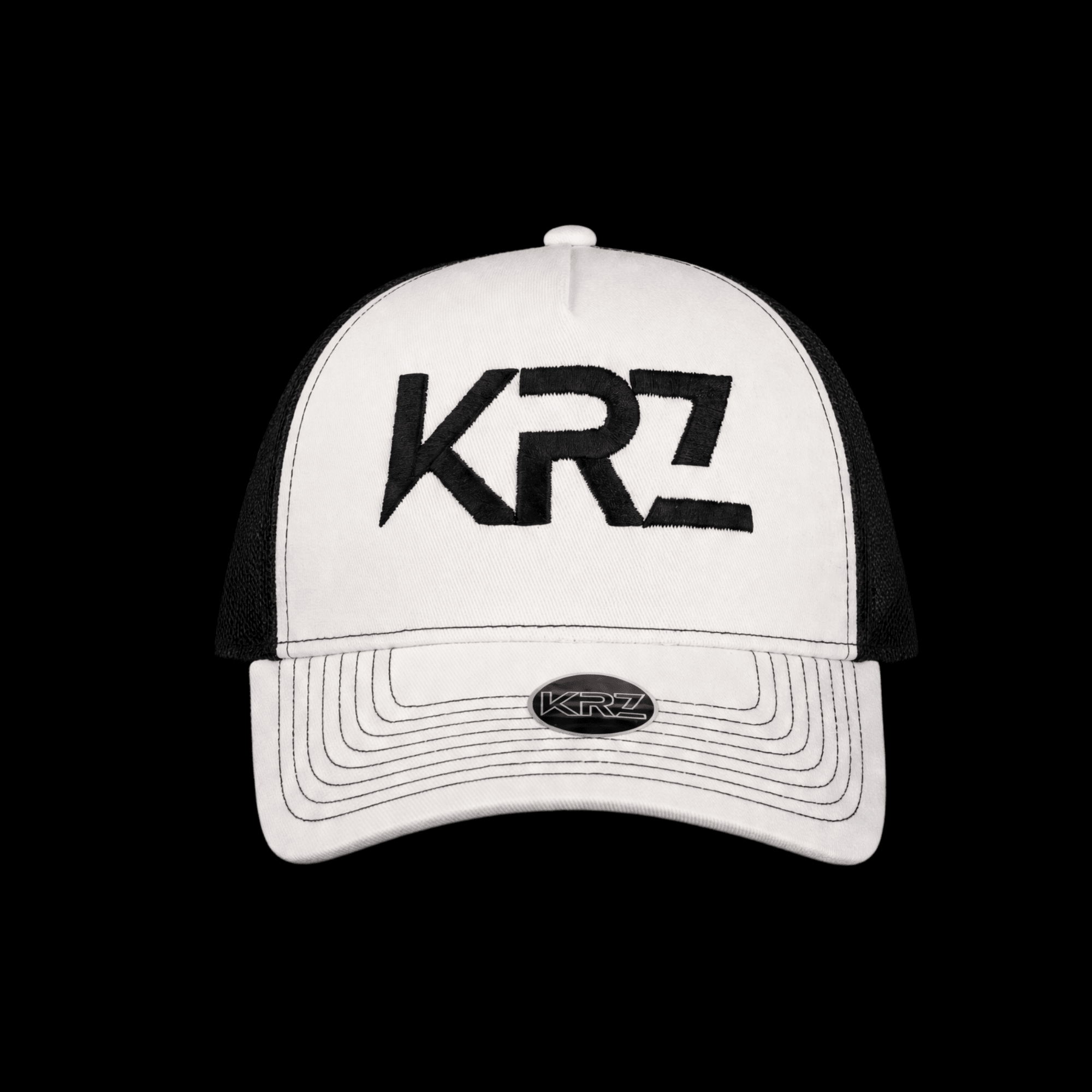 KRZ Black and White Premium Trucker Cap with Black Embroidered Logo and Adjustable Snapback