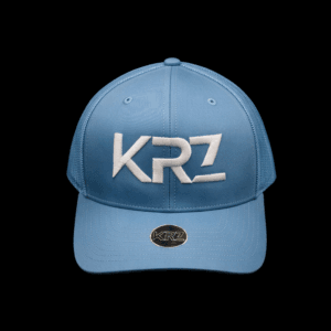 KRZ Baby Blue Trucker Cap with raised white embroidered logo and breathable mesh snapback
