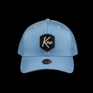 KRZ baby blue shield trucker cap with black shield logo patch, white embroidered KRZ logo and holographic brim sticker