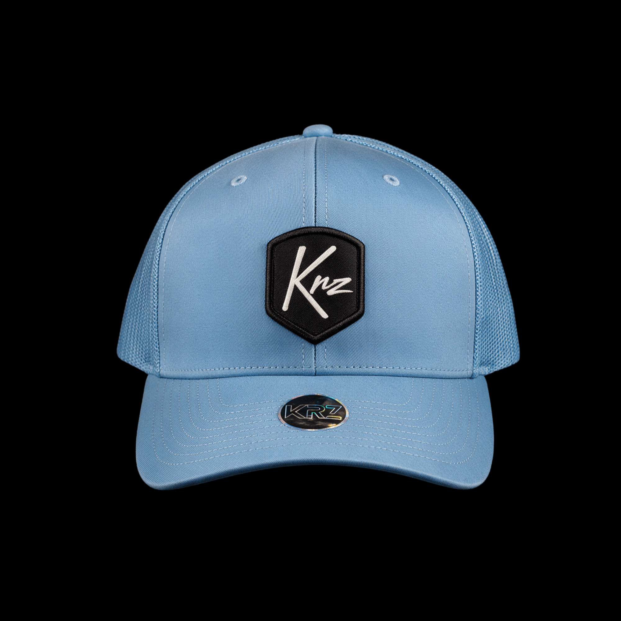 KRZ baby blue shield trucker cap with black shield logo patch, white embroidered KRZ logo and holographic brim sticker