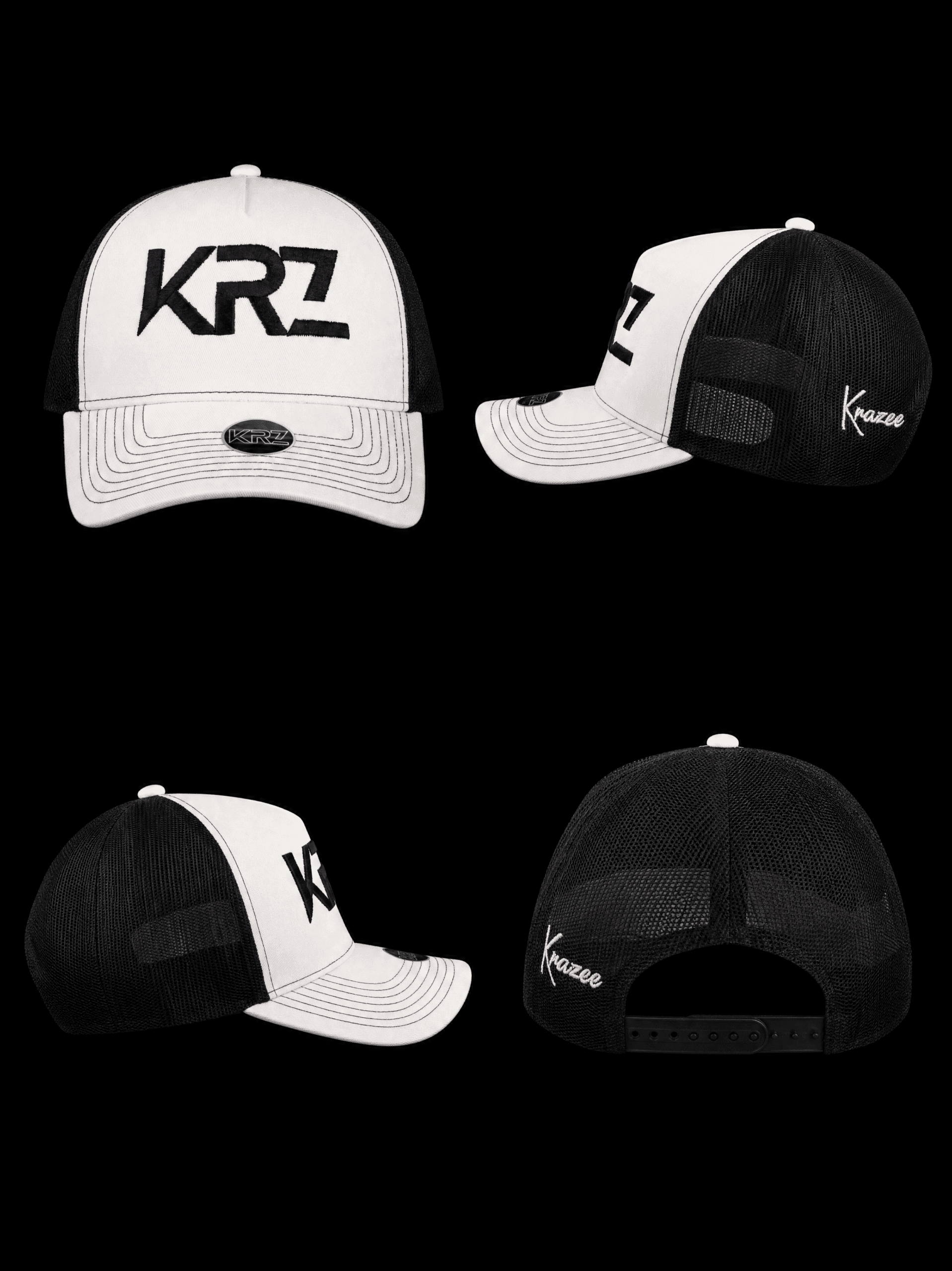 KRZ Black and White Premium Trucker Cap with Black Embroidered Logo and Adjustable Snapback