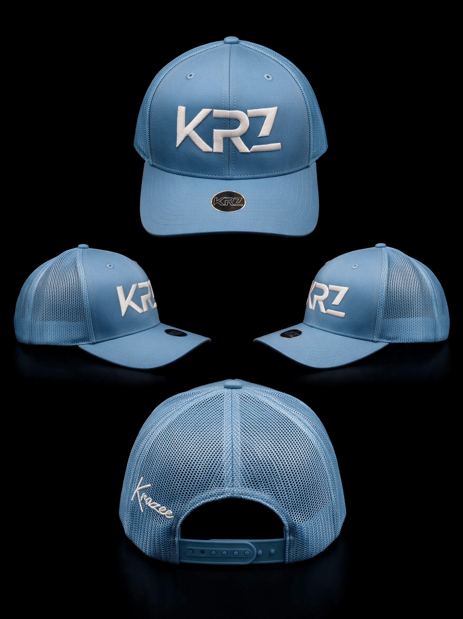 KRZ Baby Blue Trucker Cap with raised white embroidered logo and breathable mesh snapback