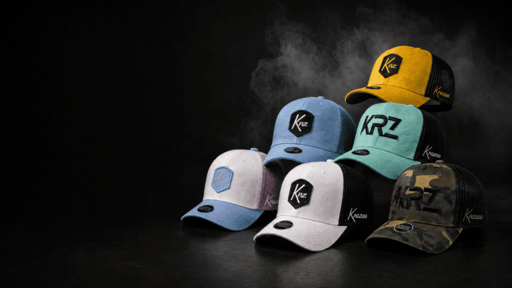 KRZ new trucker cap collection launch banner featuring premium embroidered streetwear hats on a luxury black background