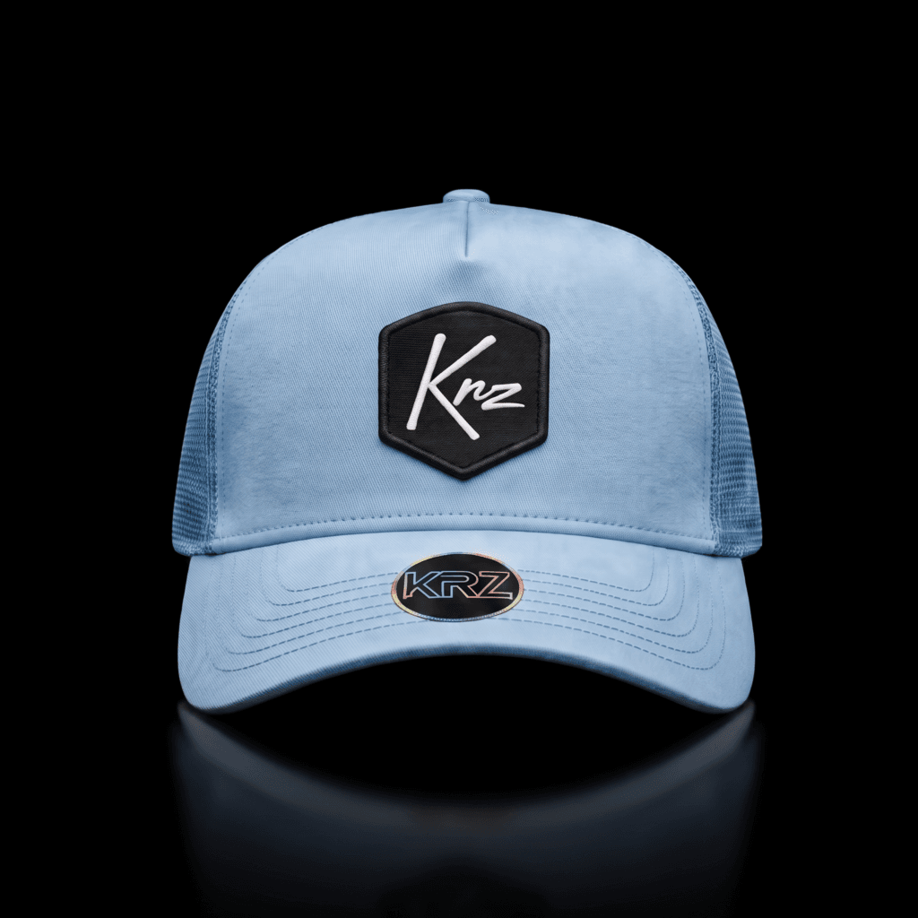 KRZ Baby Blue Resilient Trucker Cap with black shield logo patch