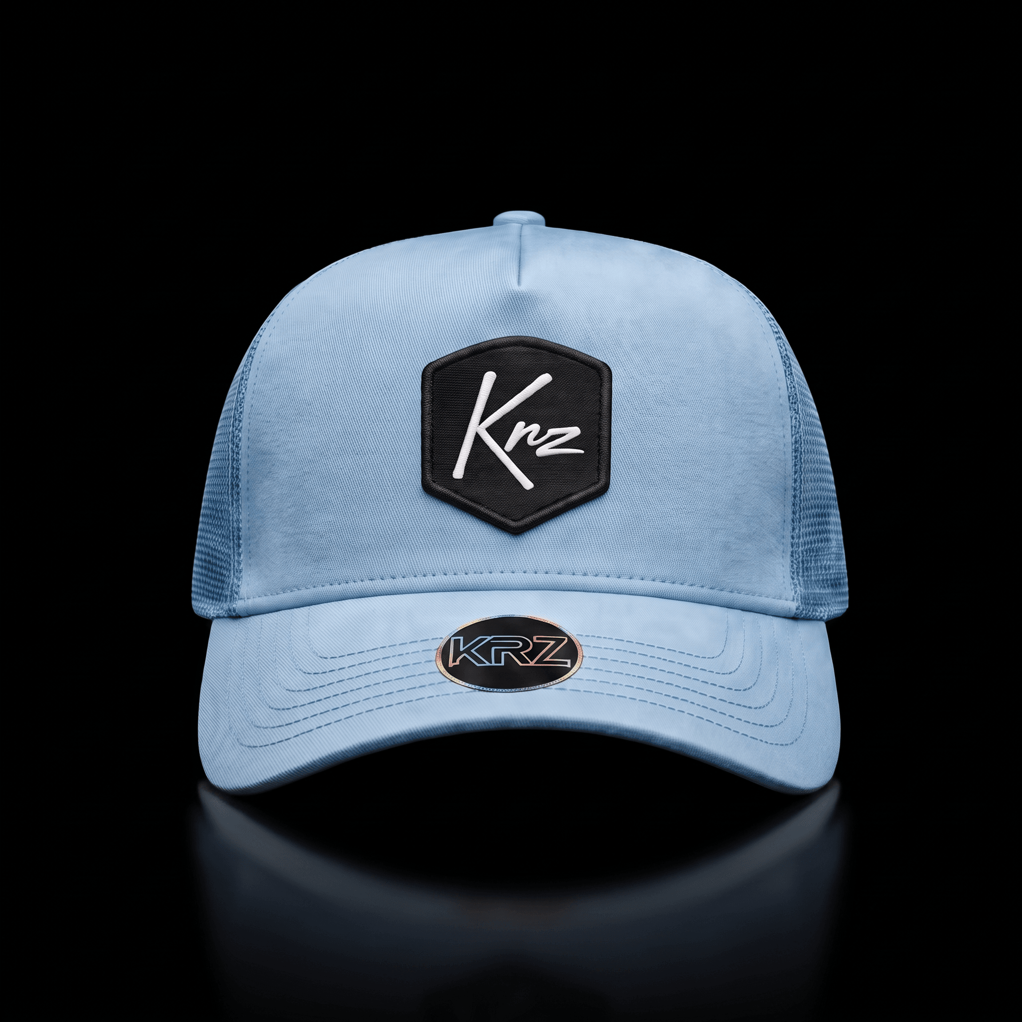KRZ Baby Blue Resilient Trucker Cap with black shield logo patch