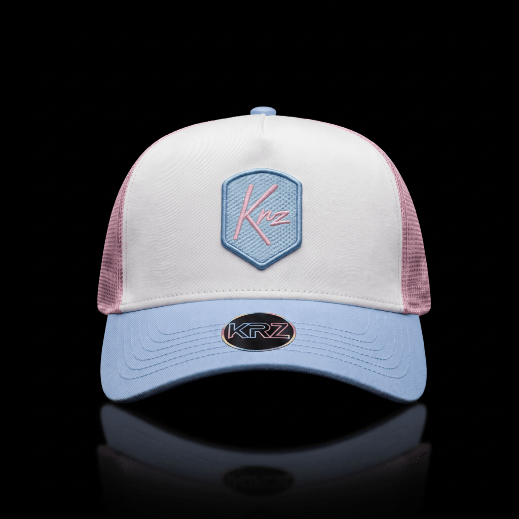 KRZ White, Pink & Baby Blue Resilient Trucker Cap with embroidered shield logo patch