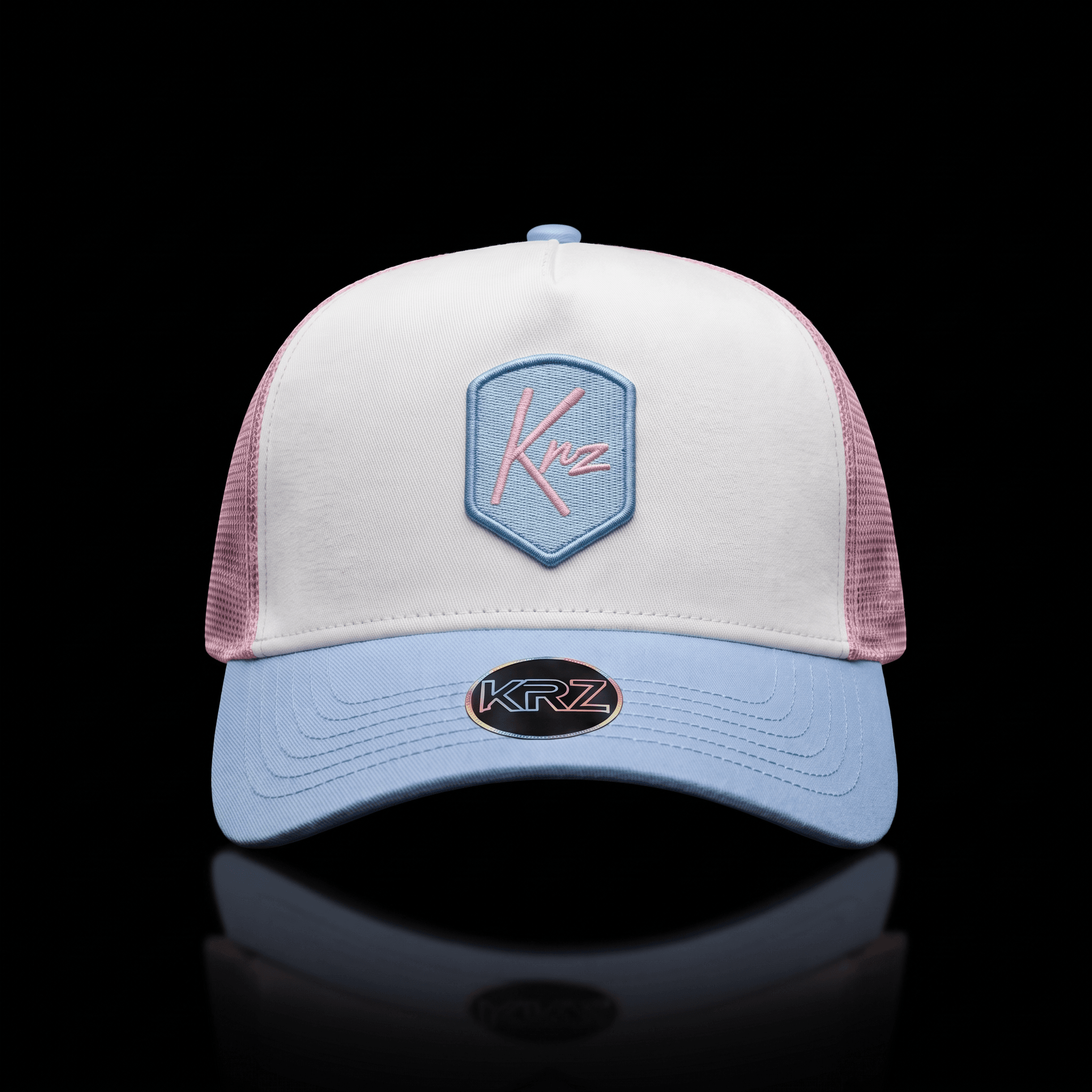 KRZ White, Pink & Baby Blue Resilient Trucker Cap with embroidered shield logo patch
