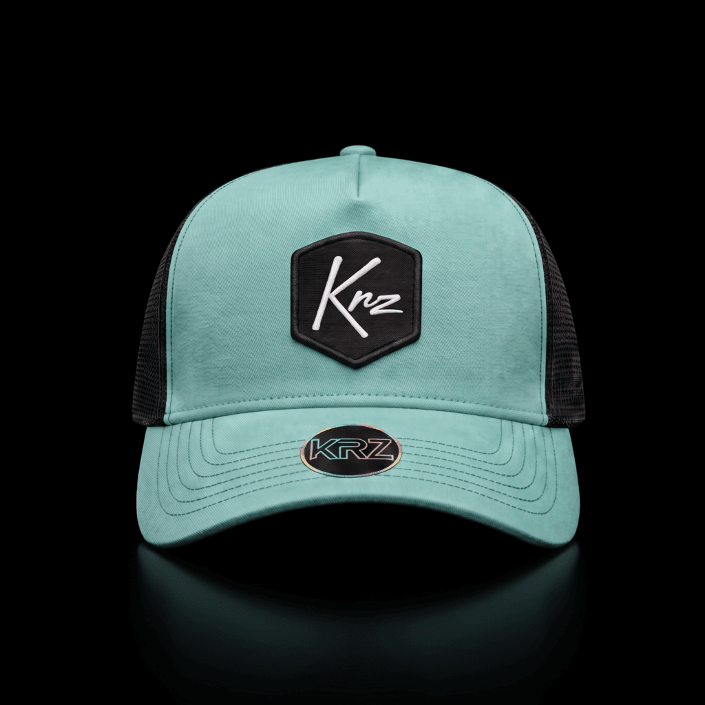 KRZ Mint Green Resilient Trucker Cap with black shield logo patch