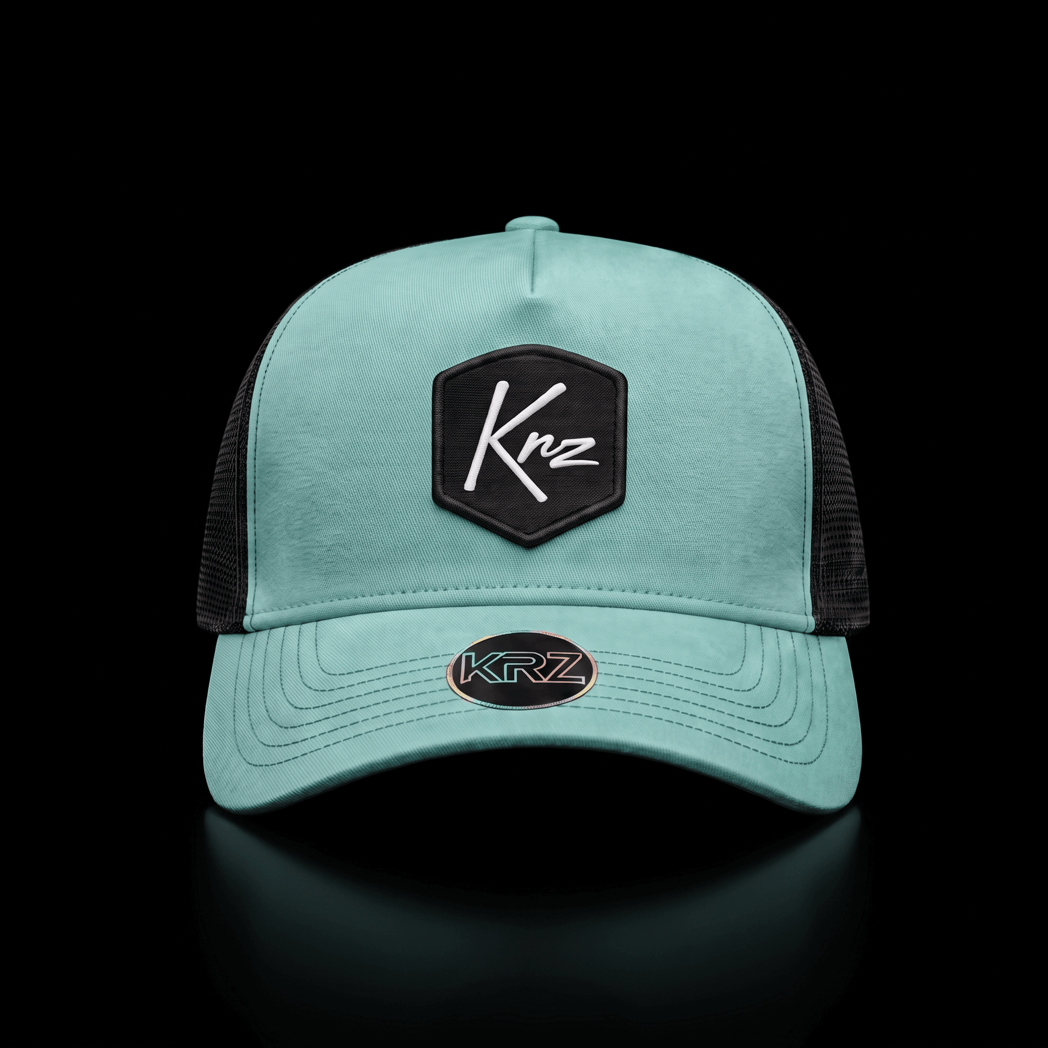 KRZ Mint Green Resilient Trucker Cap with black shield logo patch