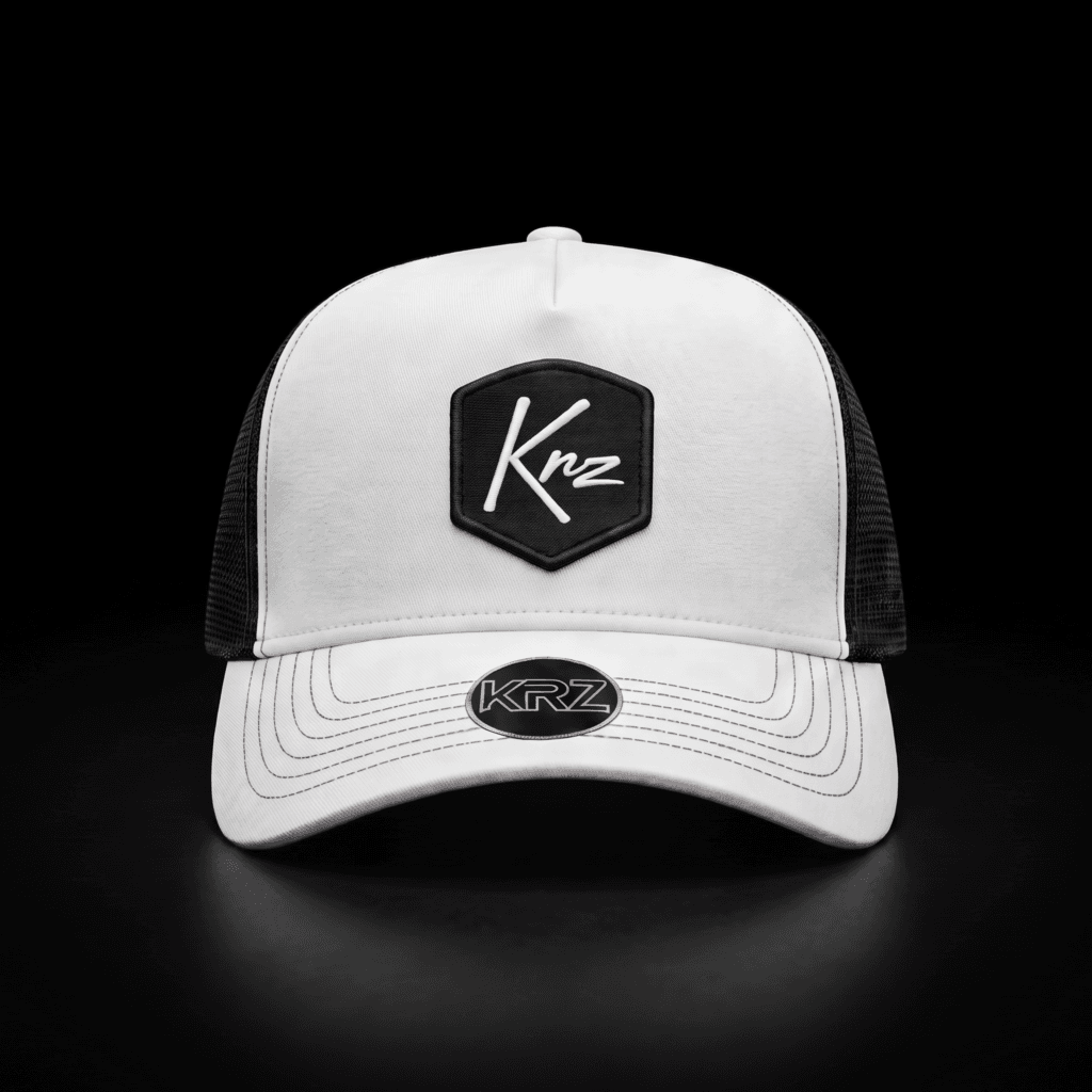 KRZ White & Black Resilient Trucker Cap with black shield logo patch