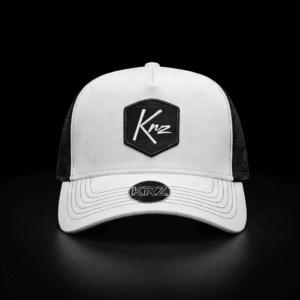 KRZ White & Black Resilient Trucker Cap with black shield logo patch