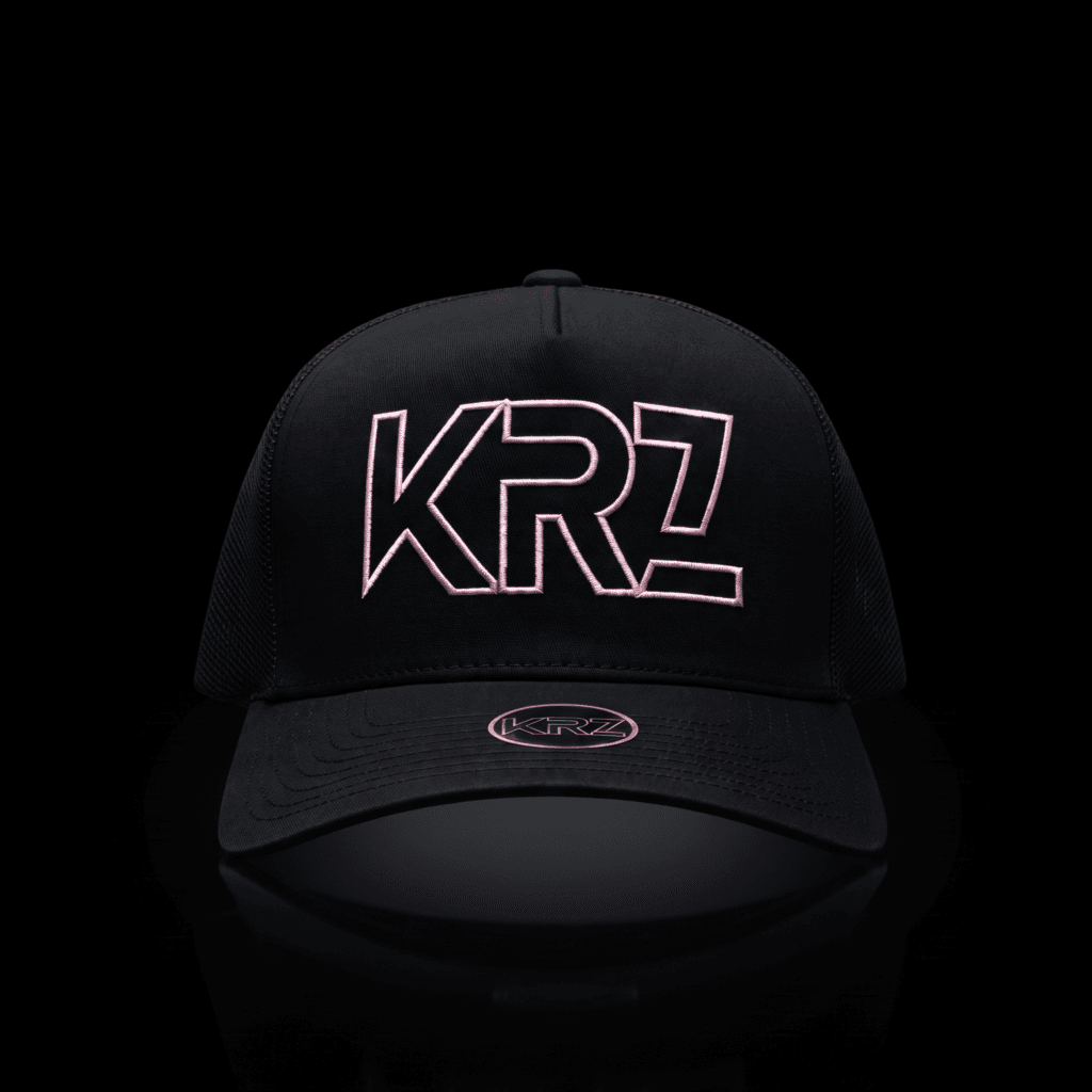 KRZ Black Trucker Cap with pink outline embroidered KRZ logo