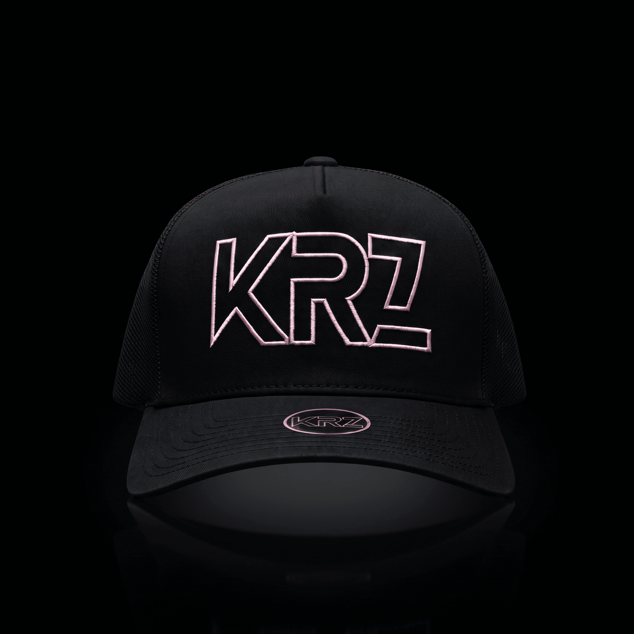 KRZ Black Trucker Cap with pink outline embroidered KRZ logo