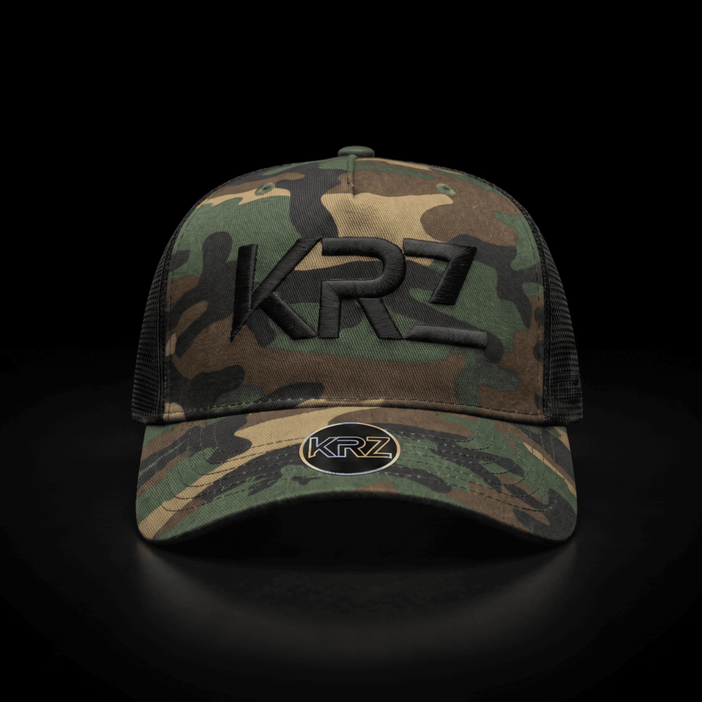 KRZ Camo & Black Trucker Cap with black embroidered KRZ logo