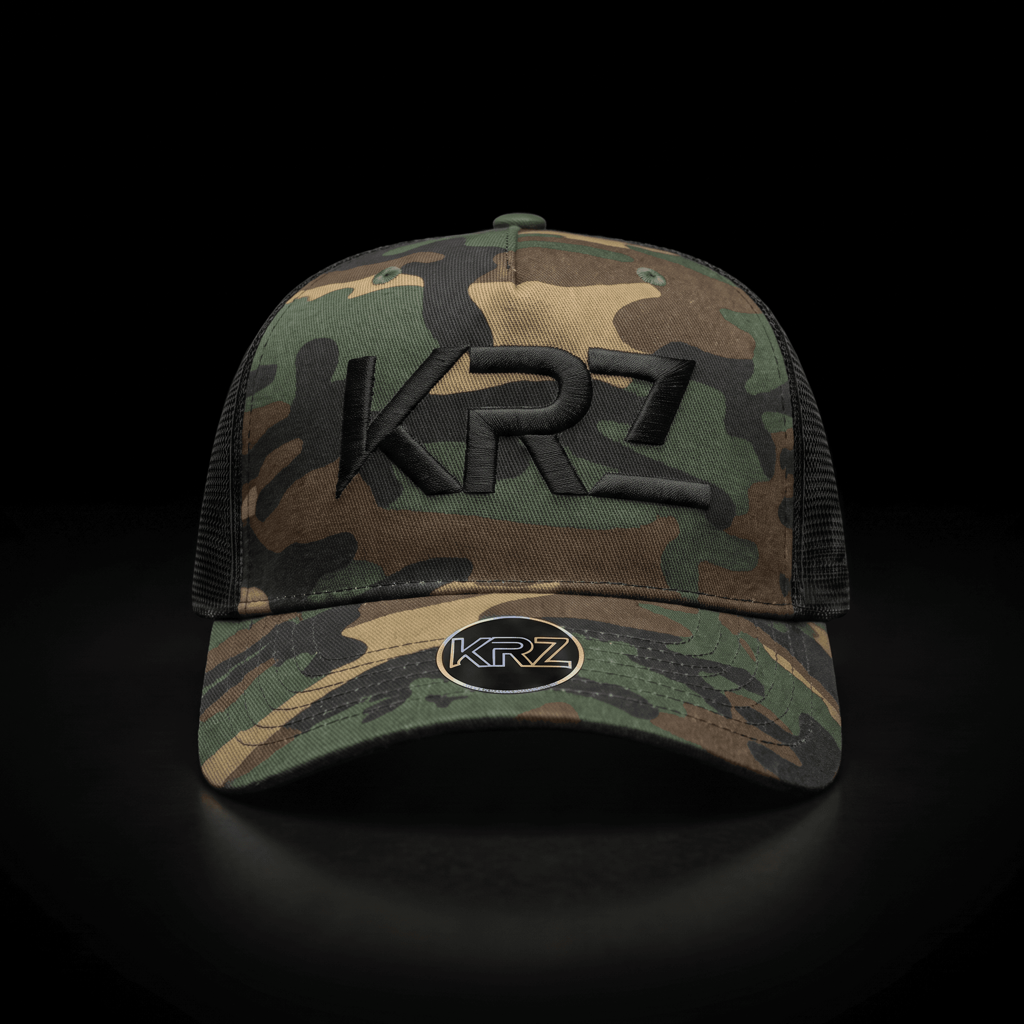 KRZ Camo & Black Trucker Cap with black embroidered KRZ logo