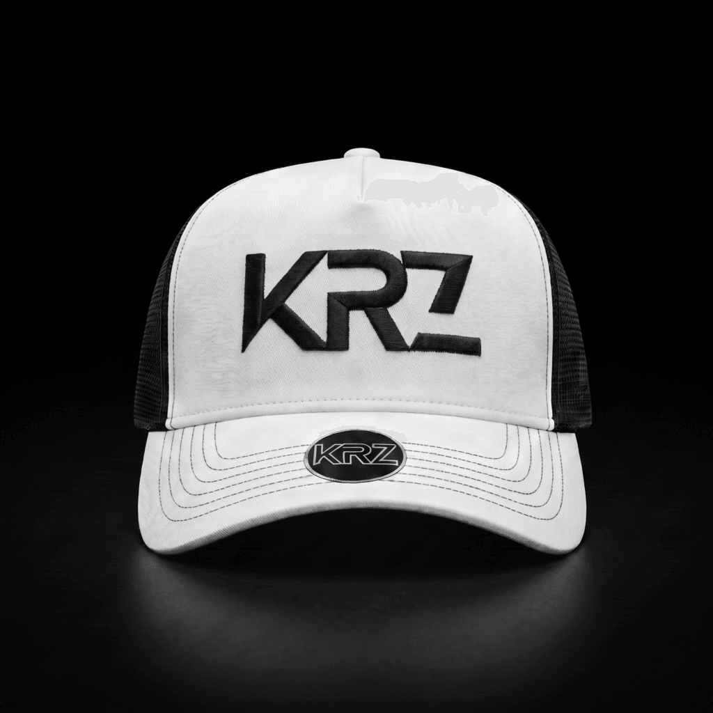 KRZ Black & White Trucker Cap with black embroidered KRZ logo