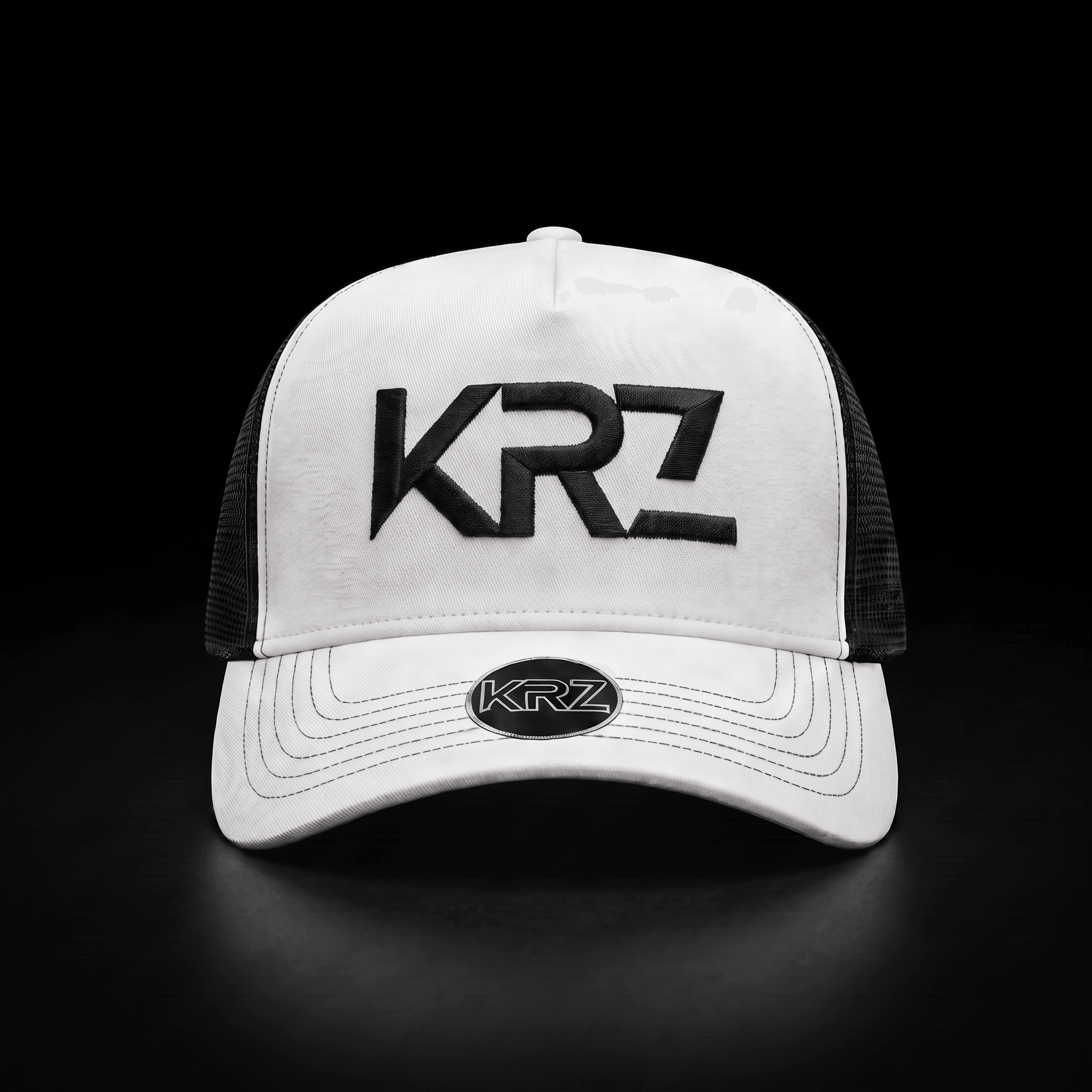 KRZ Black & White Trucker Cap with black embroidered KRZ logo