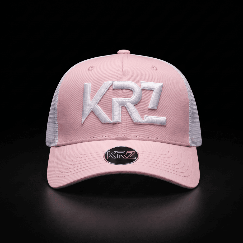 KRZ Pink & White Trucker Cap with white embroidered KRZ logo